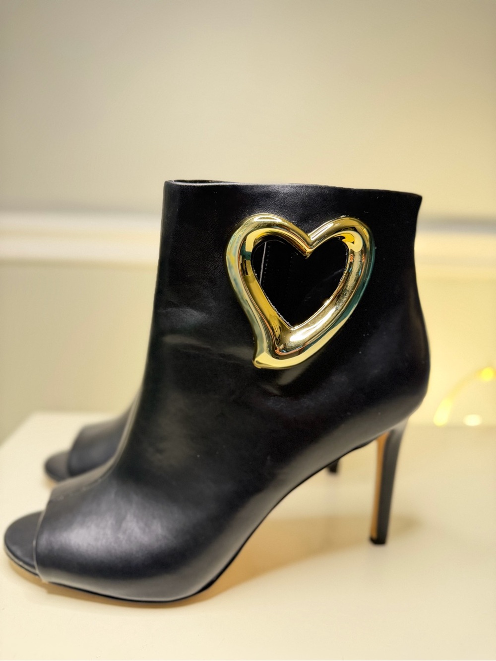 INC International Concepts Black Leather Peep-Toe Ankle Booties with Gold Heart
